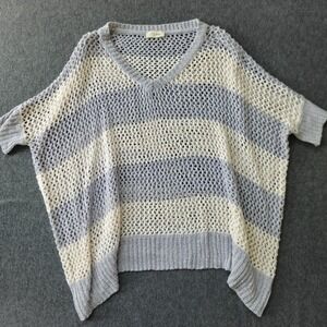 C'isa Open Knit Lightweight Sweater Large Grey White Striped V-Neck Oversized